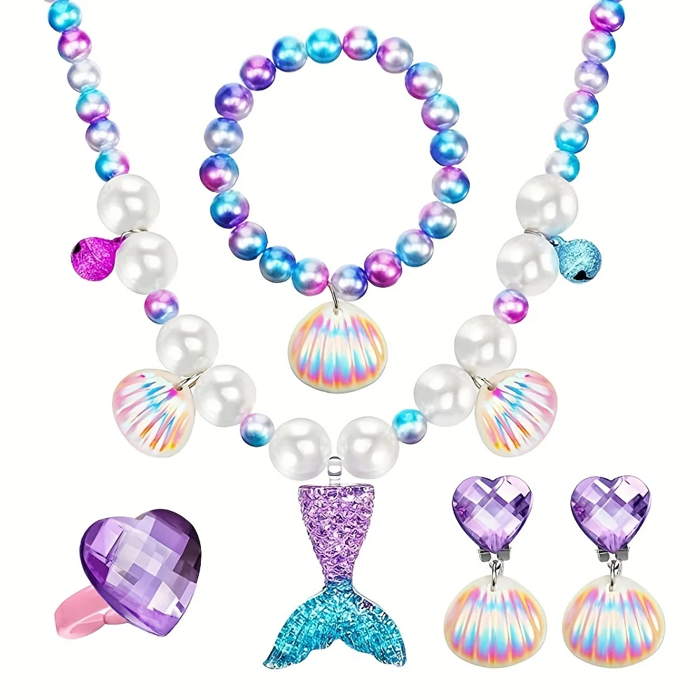5Pcs Mermaid Jewelry Girl Dress up Toy Set Shell Necklace Bracelet Ring Earrings For Mermaid Party Costume sticker jewellery toy