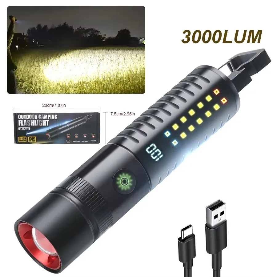 Rechargeable LED Flashlight with Digital Display 18650 Battery USB Rechargeable Telescopic Zoom Torch for Camping Emergency