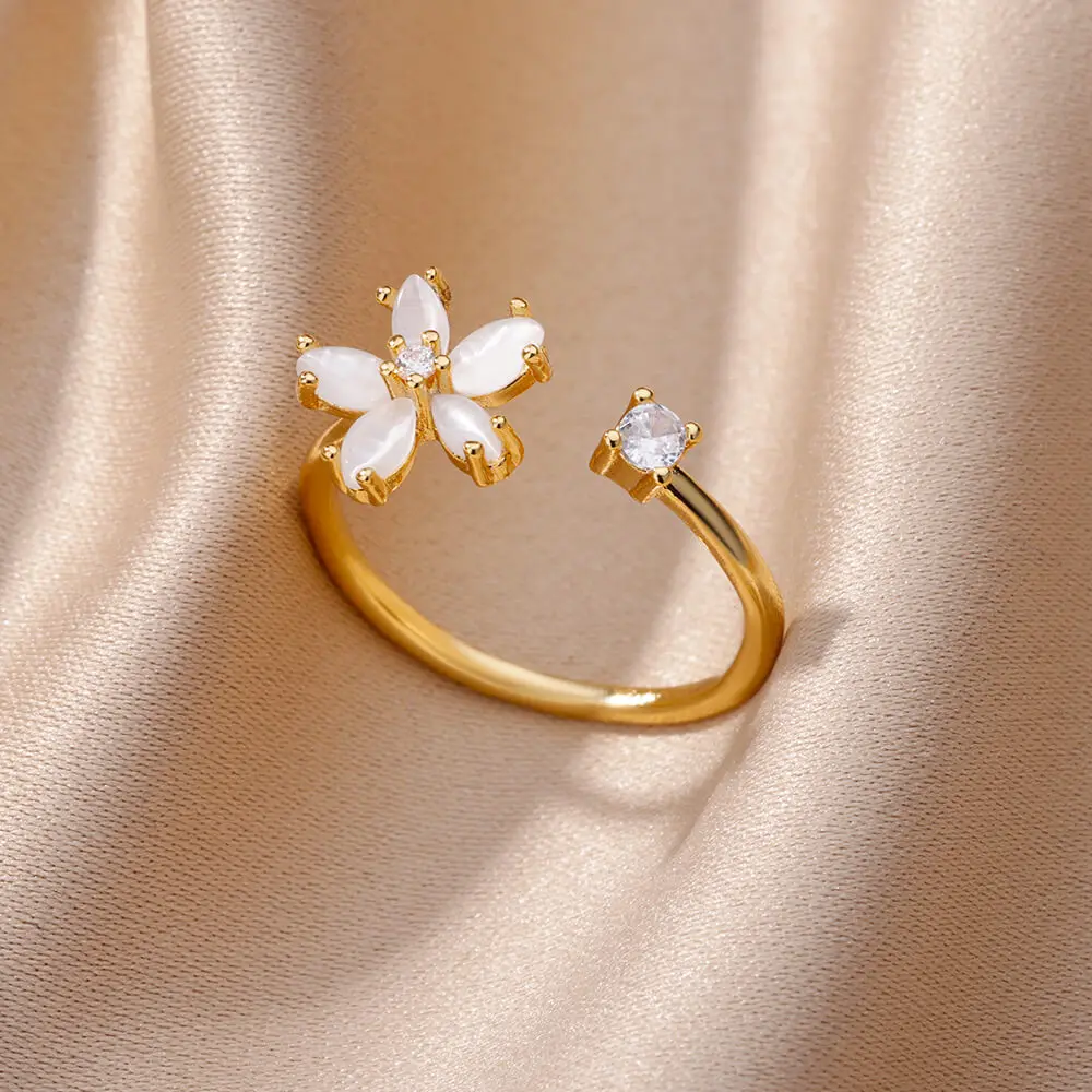 Opal Zirconia Stainless Steel Flower Wedding Ring