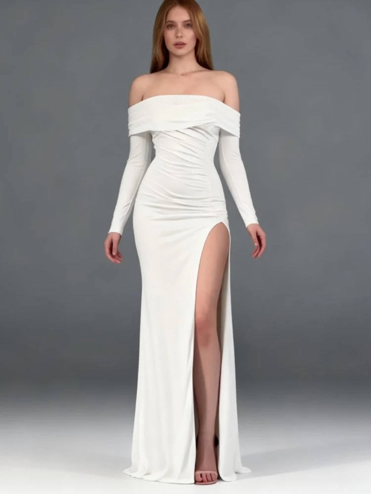 Spring and Summer New One-word Shoulder Long-sleeved Women's Dress Fashion Sexy Pleated Solid Color Split-end Long Evening Dress