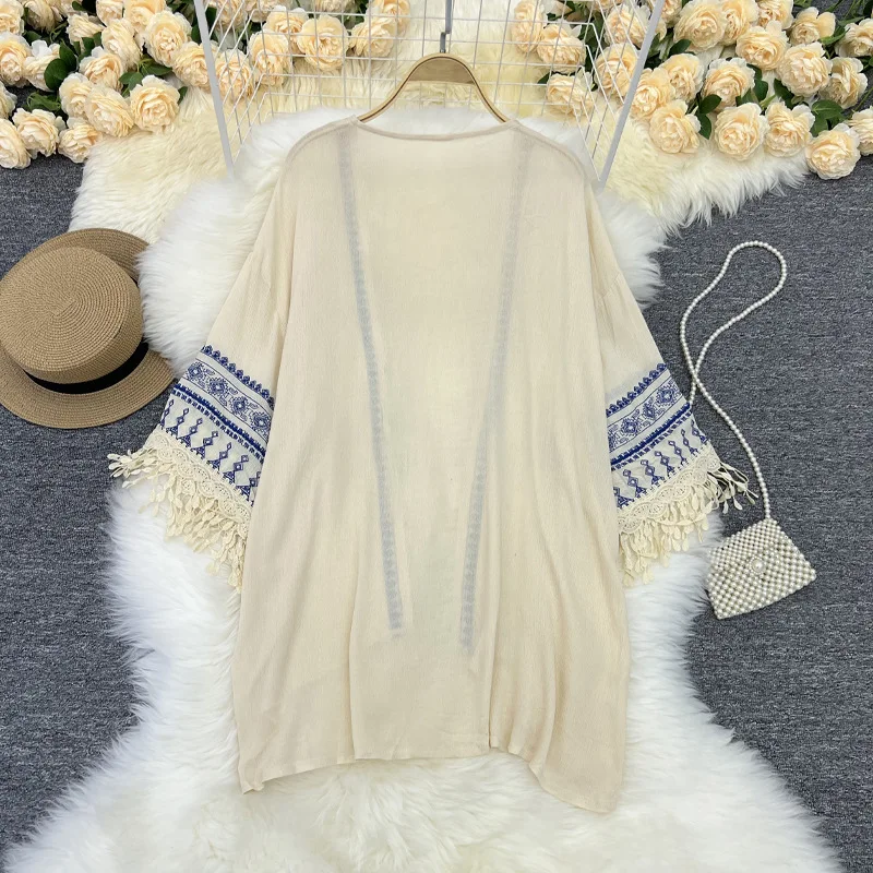 Woman Bohemian Kimono Shawl Beach Cover Up Women Embroidered Tassel White Ladies Bikini Cover Ups Cardigan Beachwear Mujer