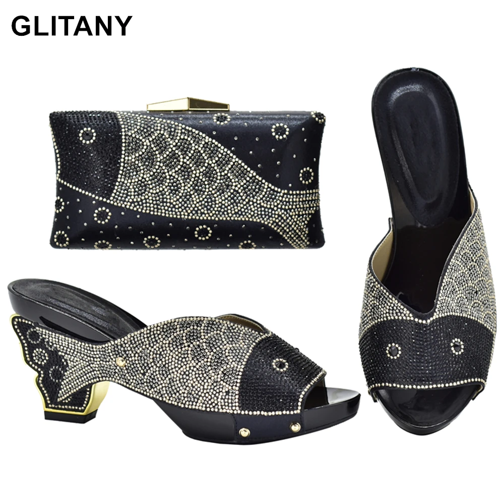 

Black Color Italian Shoes with Matching Bags Set Decorated with Rhinestone Matching Shoes and Bag Set African Shoe and Bag Set