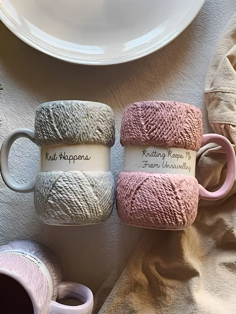 

Colorful Wool Ceramics Mugs Milk Tea Water Cups with Handle Creative Coffee Mug Drinkware Couple Birthday Gifts Breakfast Cup