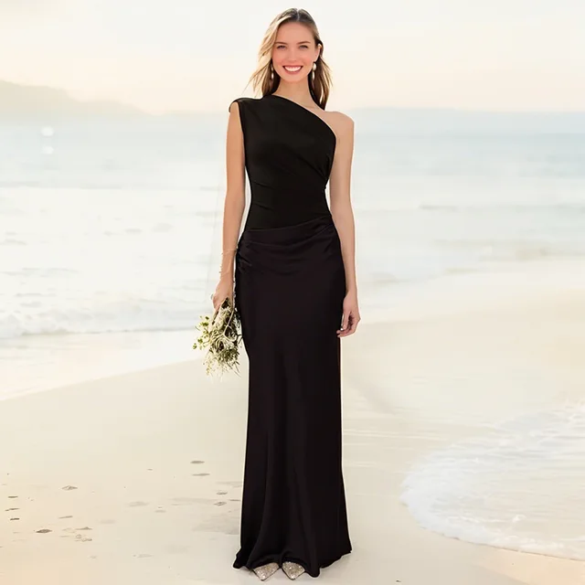 Robe longue élégante asymétrique en satin patchwork pour femme, sans manches, froncée, ajustée, pour invitées de mariage et soirées 2026