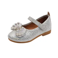 

Kids Fashion 2022 Autumn New Girls Flat Mary Janes for Party Wedding Shoes PU Bow Princess Children Shine Rhinestone Hook & Loop