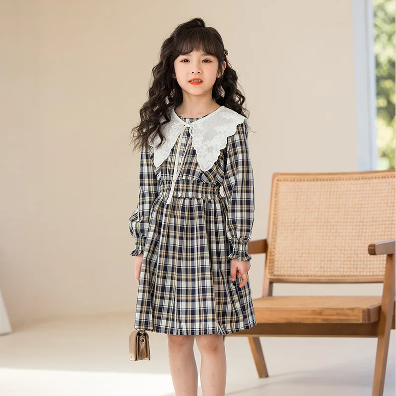 

Girls Lace Trim Peter Pan Collar Plaid Dress Spring Summer Casual Shirred Waist Dress Mini Dresses Preppy Style Elegant Clothes
