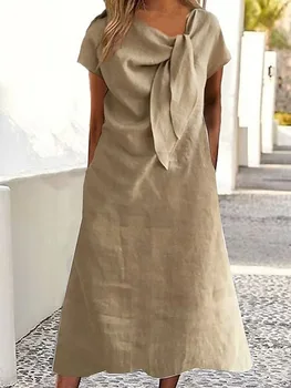 Women Casual Summer Midi Dresses Knot V Neck Short Sleeve Casual Loose A-Line Dress Daily and Office Work 1