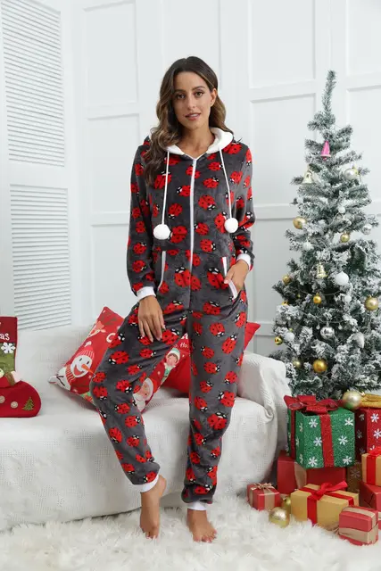 Winter Women Dark Grey Ladybug Print Hooded Pajamas Jumpsuit Costume Adults  Onesies Cosplay Flannel Sleepwear Homewear - AliExpress