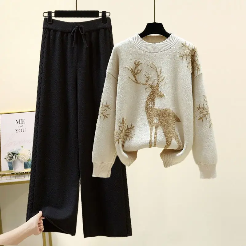 Women's Set 2023 Autumn/Winter New Korean Style Fashion Knitted Sweater Slim and Versatile Casual Pants Two Piece Set