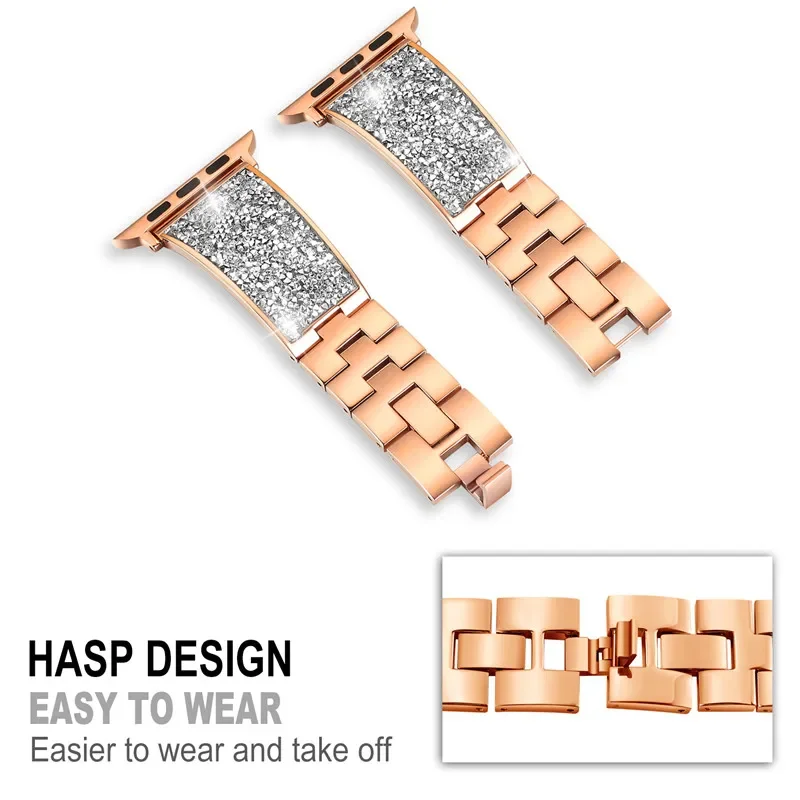 Diamond＋Stainless Steel Strap For Apple watch Ultra 9 8 7 6 5 4 SE Women Bracelet band For iWatch 45mm 41mm 40mm 44mm 38mm 42mm