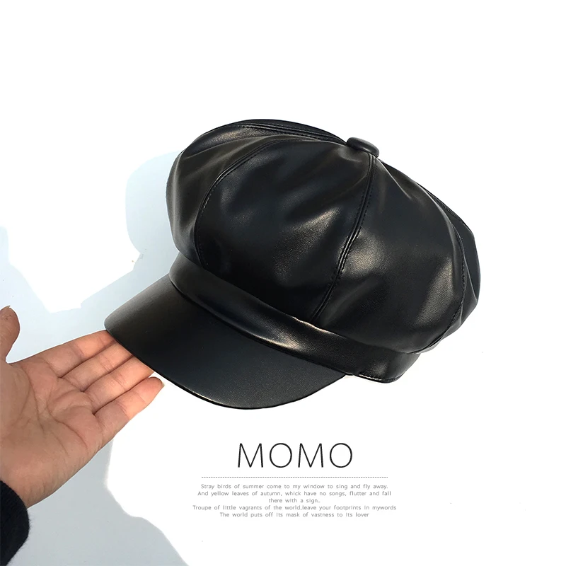 Béret en PU pour femmes et filles, casquette rétro, couleur unie, dôme octogonal, hiver, automne, France, bérets réglables en Faux cuir pour_voghion.com