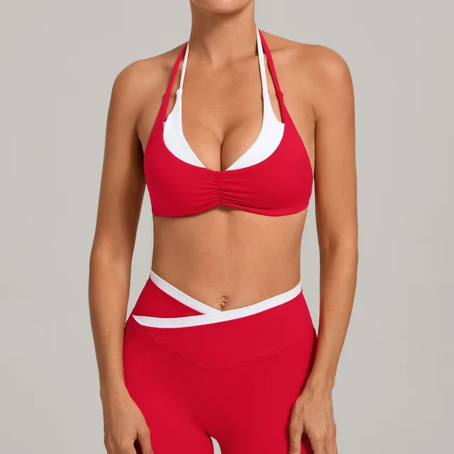 Brassière de sport pour femme, bicolore, style débardeur, dos ouvert, col halter, avec bonnets intégrés, pour le yoga, la course et le fitness 1