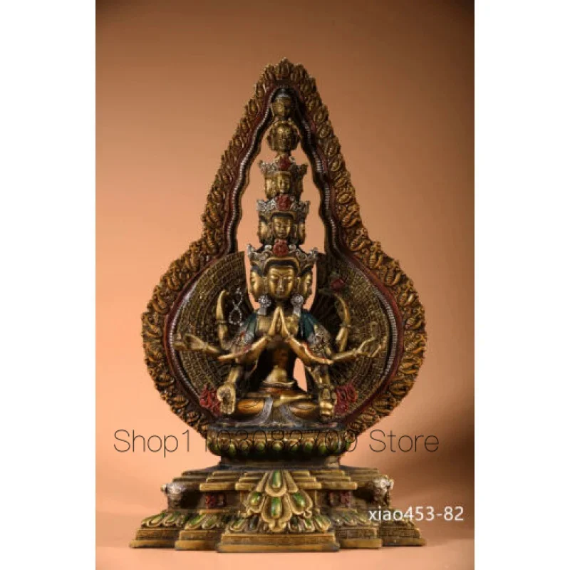 

11.6-Inch Vintage Chinese Antique Pure Copper Color Painting Thousand-Hand Kwan-Yin Statue