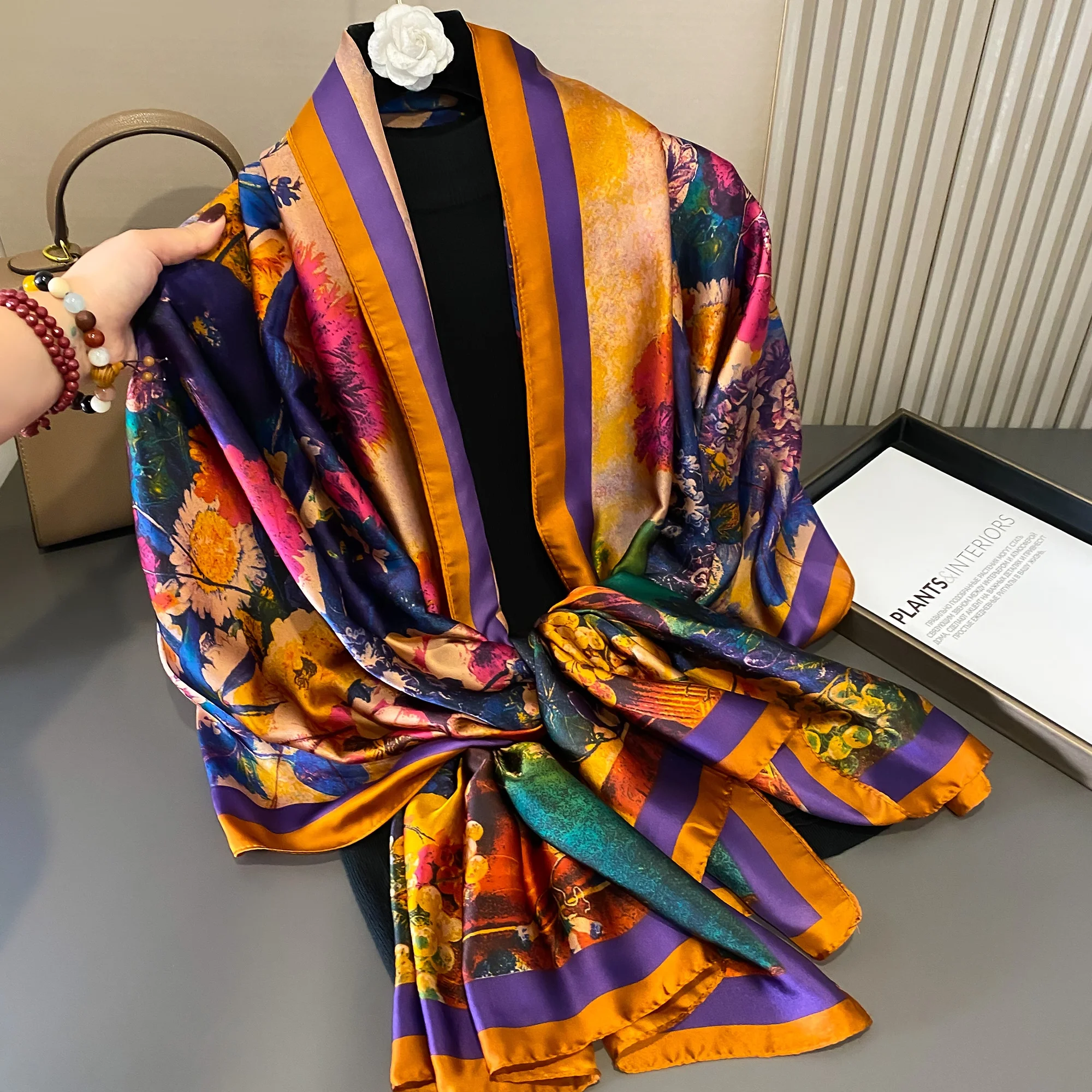 180*90cm Luxury Brand Women Summer Silk Scarves Shawls Lady Wraps Soft Female Geometry Beach Stole Bandanna Foulard Muffler 3