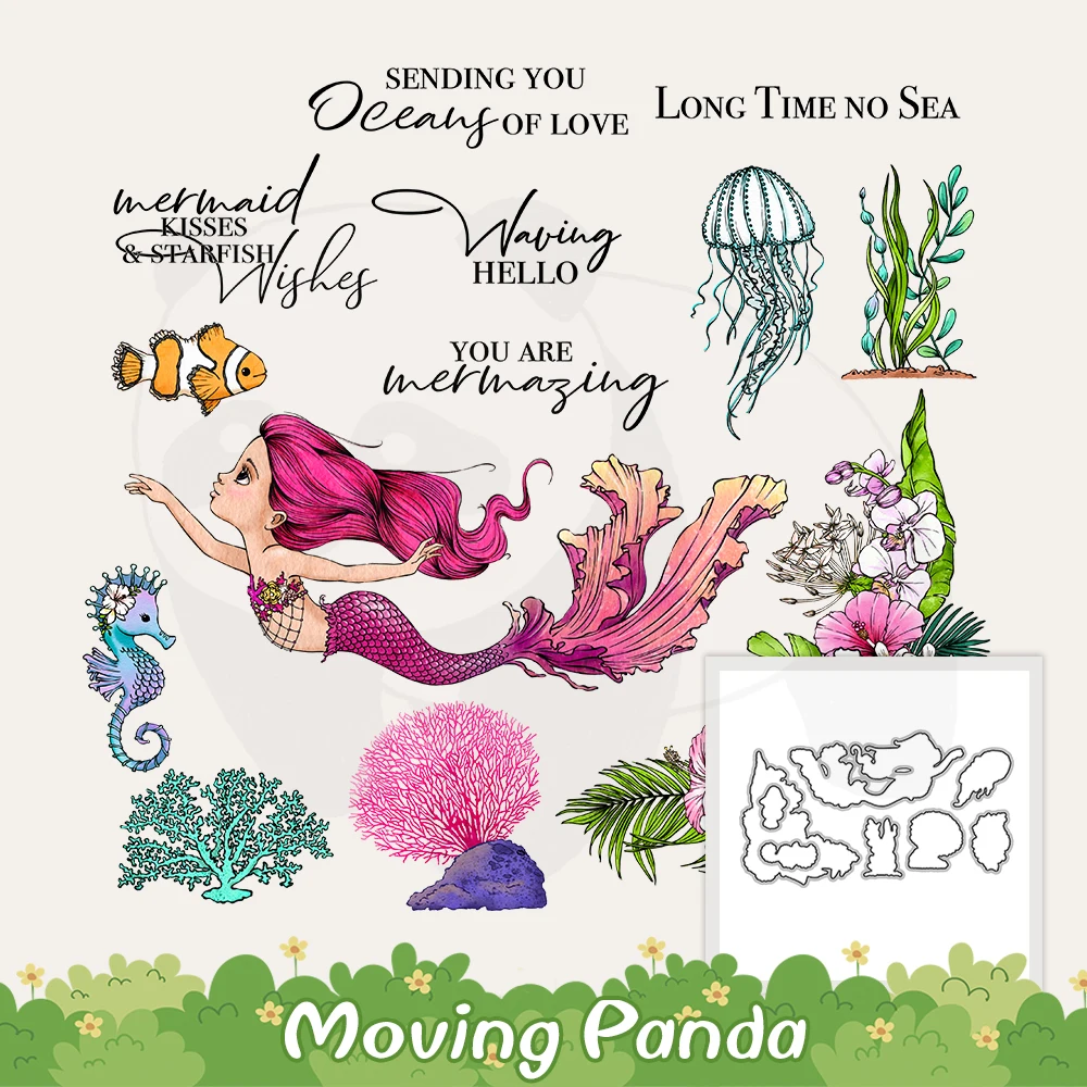 

Flowers And Beautiful Mermaid Cutting Dies Clear Stamps DIY Scrapbooking Metal Dies Silicone Stamps For Cards Album Crafts Decor