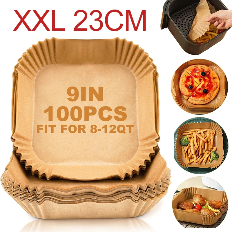 BYKITCHEN Fodera di carta per friggitrice ad aria, 100 fodere quadrate per friggitrice ad aria, fodere usa e getta per cestini per friggitrice ad aria, Tower, Salter (non sbiancato