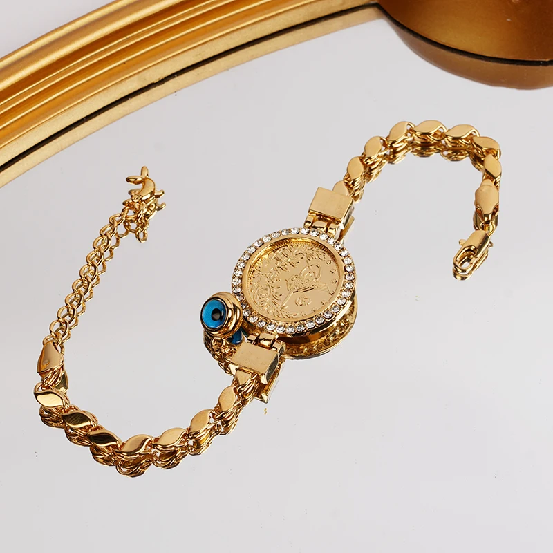 Bracelet Jewelry Muslim Islamic Money Coin Jewelry Bracelet Luxury Gold Plated Blue Eye Chain Bangles Arabic Middle East Wedding Gifts