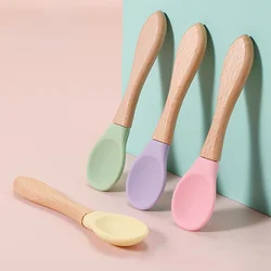 Cuchara de silicona con mango de madera para bebé, utensilios para bebé, cuchara para bebé, capacidad de manipulación de entrenamiento para niños, vajilla para niños