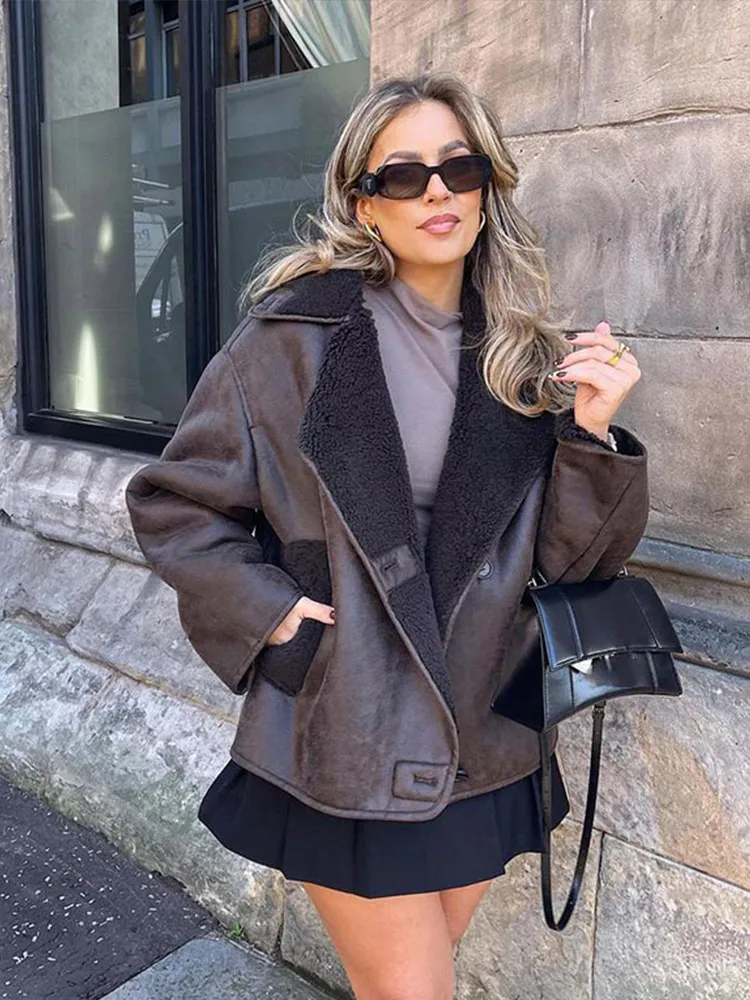 

Double-sided Lapel Jacket Women Loose Lamb Wool Long Sleeve Thick Coat Winter Fashion Female Warm Single-breasted Top