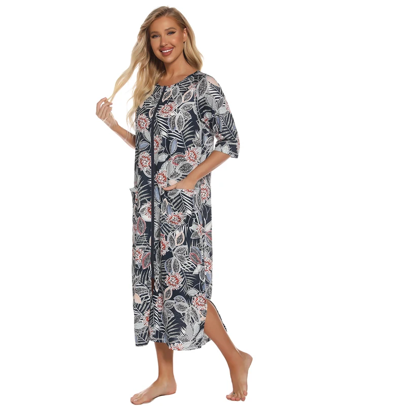 Women sleepwear loose Turkish print women's long home robe morning dressing gown with zip ladies cotton house robes for women night peignoir