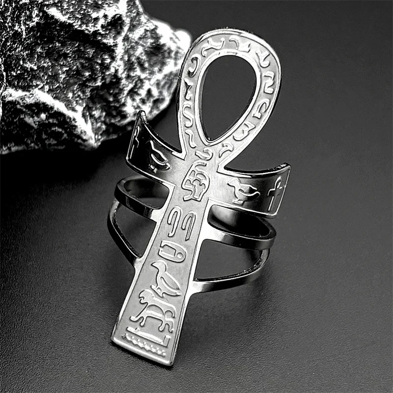 Egyptian Ankh Cross Key Of Life Adjustable Open Rings for Women Men Stainless Steel Mythology Animal Rune Finger Ring Jewelry - Image 5