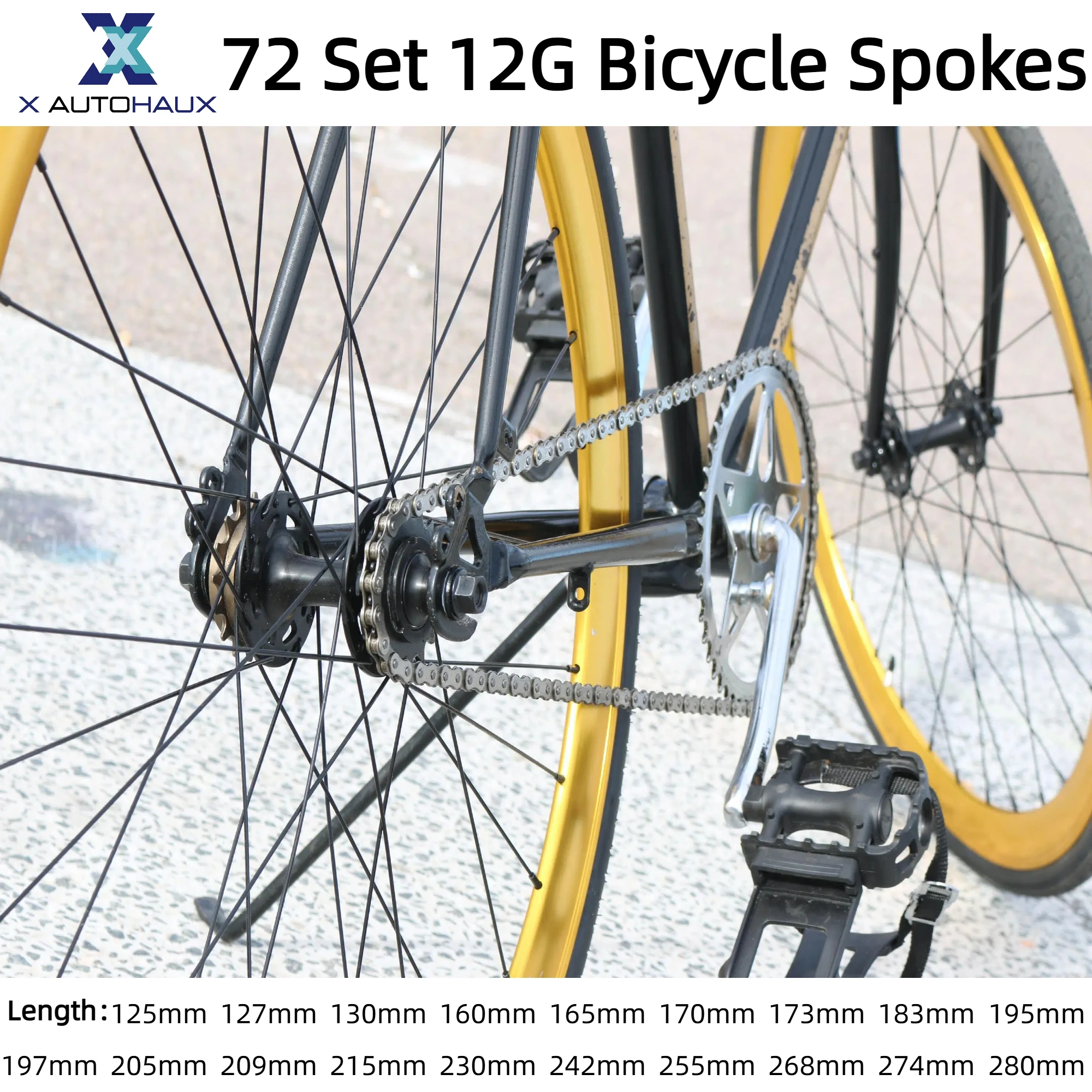 X Autohaux 탄소강 블랙 72개 세트 12G 165mm 170mm 173mm 183mm 195mm 197mm 205mm 209mm 215mm 230mm 242mm 255mm 자전거 스포크