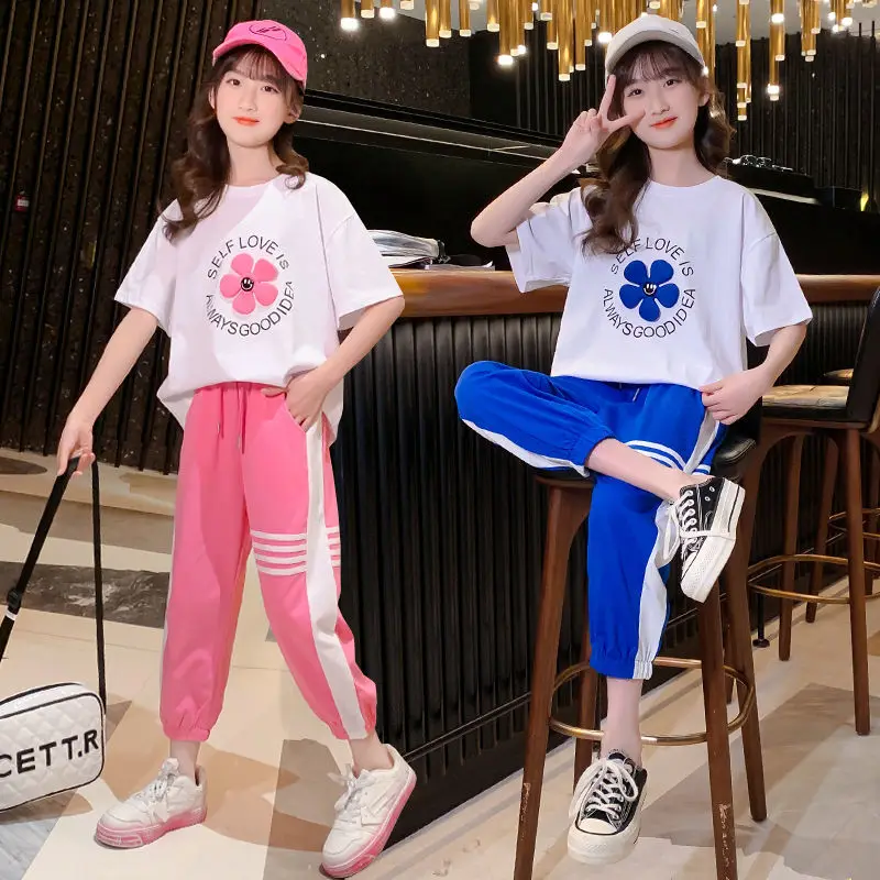 Teenager Girls Cute Pink Clothes Set Summer Letter Flower T shirt