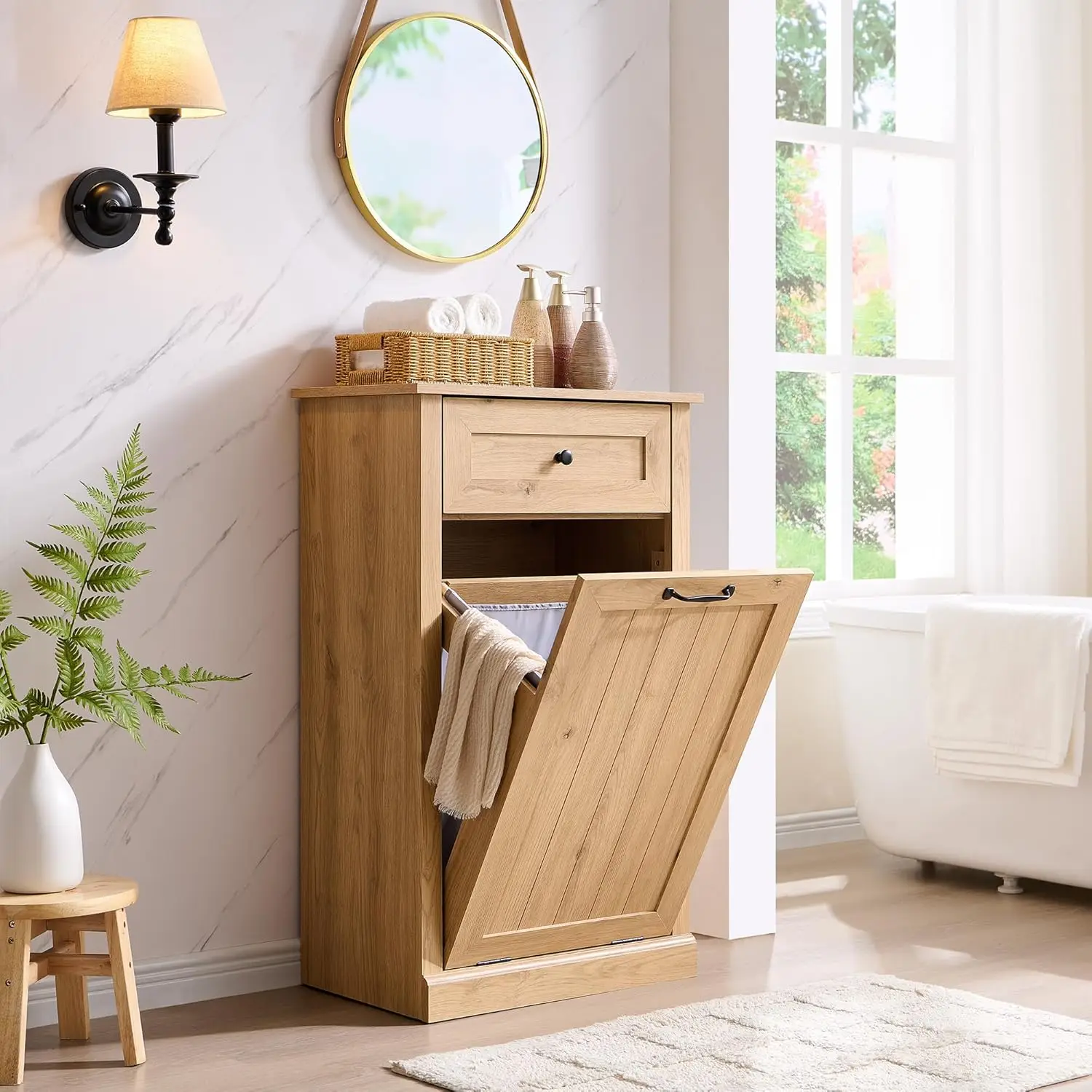 Tilt Out Trash Can Cabinet, 10 Gallon Farmhouse Laundry Hamper Cabinet with Drawer, Hidden Wooden Trash Garbage Can Bin with Sto