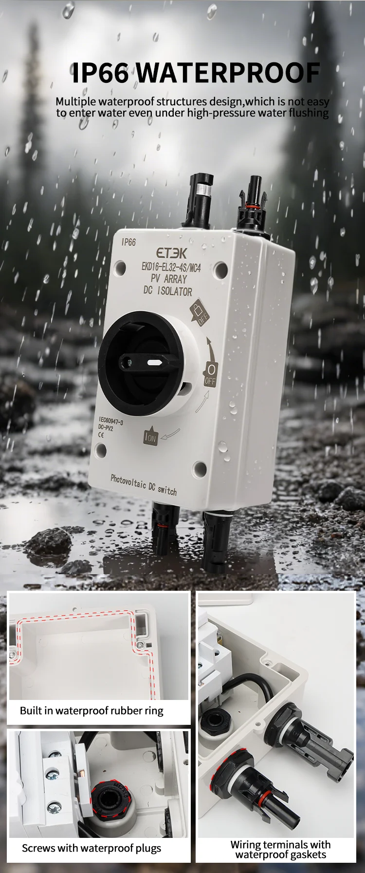DC Isolator With box IP66 4P 32A 4series/1(3+1)strings Top to Bottom Connection