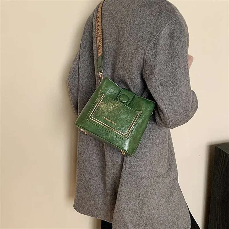 Vintage Simple PU Leather Bucket Crossbody Bags for Women Luxury Designer Handbagt Lady Black Shoulder Bag