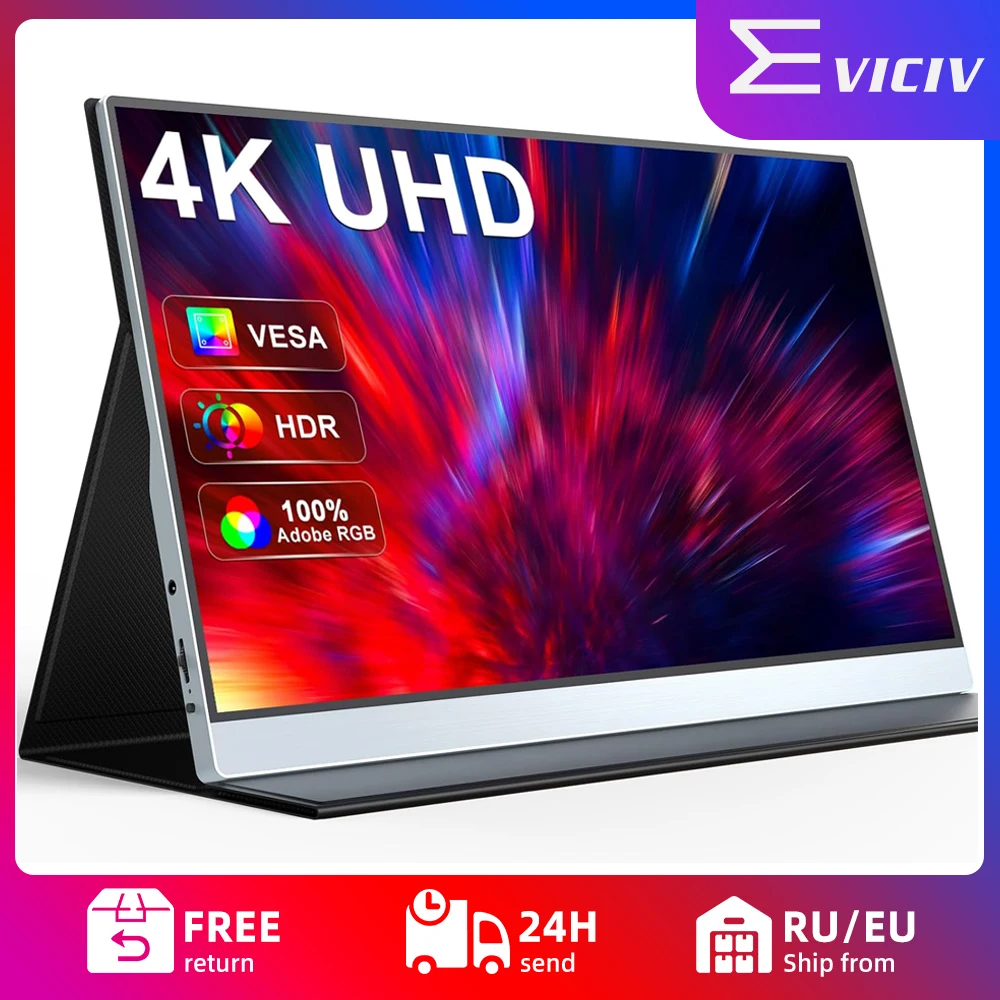 Eviciv Portable Monitor 4K 15.6 Inch IPS Screen Mobile Display with 3840 x 2160 UHD 100%sRGB FreeSync USB-C HDMI for Laptop PC