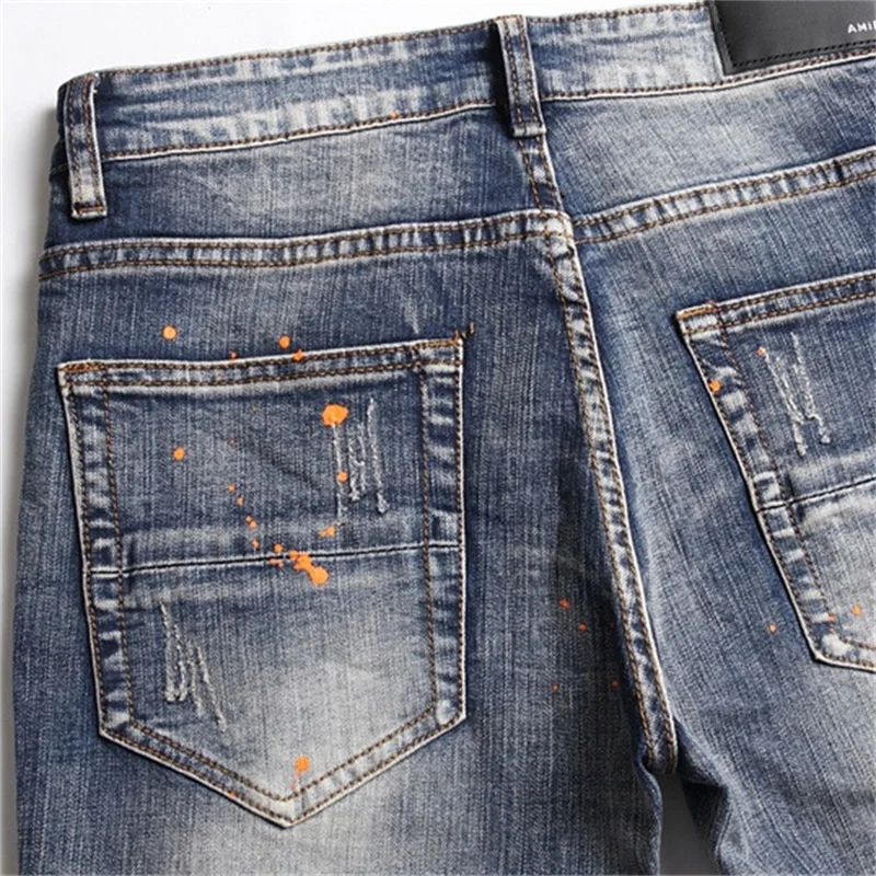 EH·MD Orange Splash Ink Jeans Men's Star Embroidery Patch 3D Printing Soft Casual Cotton Trend Youth Distress Extension Stretch