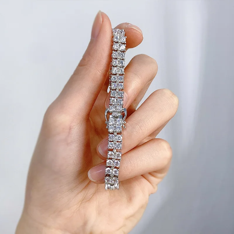 FineJewelryNewDoubleRowDiamondBraceletCouple925SilverLuxuryFullDiamondDesign