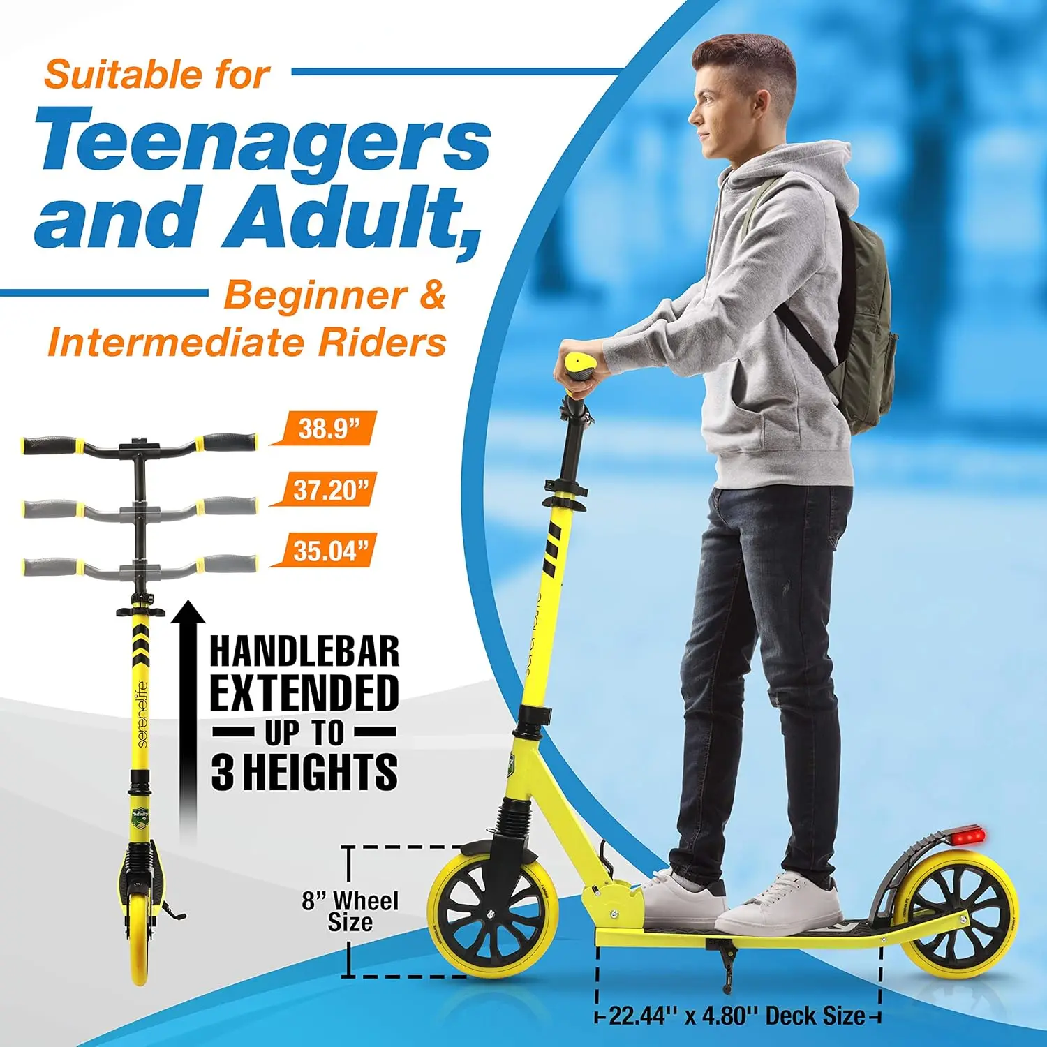 Kick Scooter Adult Teenagers Kids- 2 Wheel Kids Scooter with Adjustable T-Bar Handlebar-Alloy Anti-Slip Deck