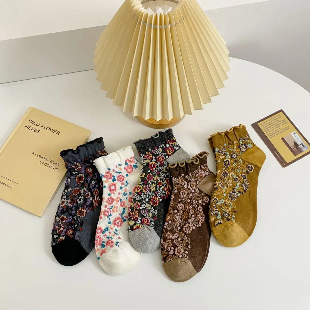 5 Paar Rüschensocken mit Rüschen für Damen, Harajuku, Blumendruck, japanische Mode, Lolita-Stil, kurze Socken für Mädchen, Pack Calcetines