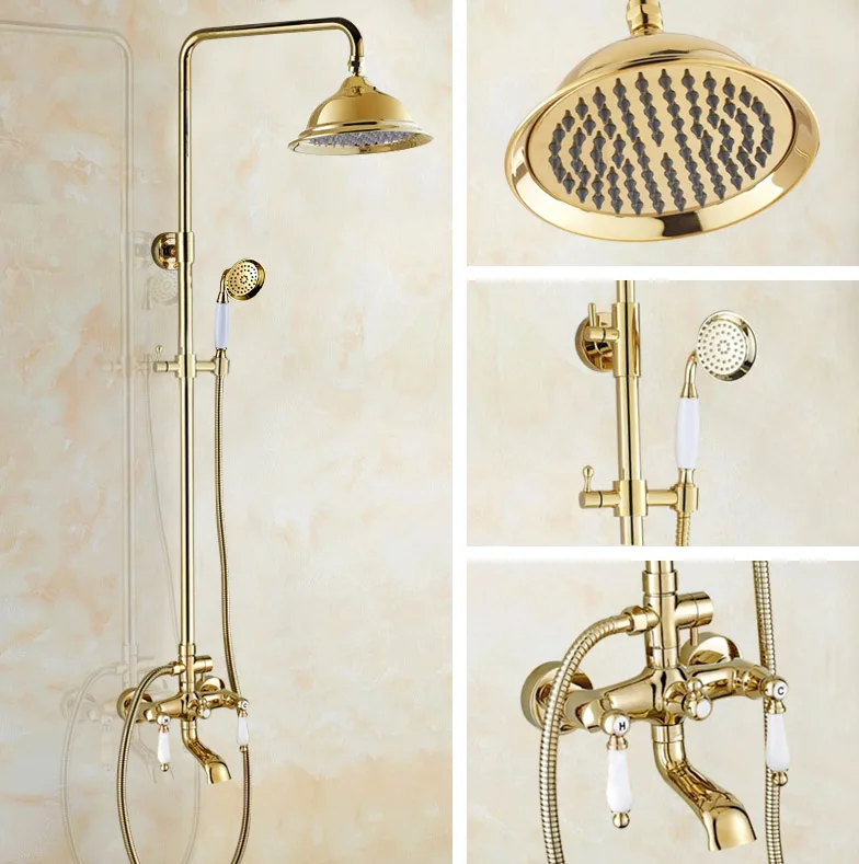 

Golden Brass Bathroom Faucet Set 8" Rainfall/Handheld Shower Faucets Kit Bathtub Hot And Cold Shower Water Taps Dgf373