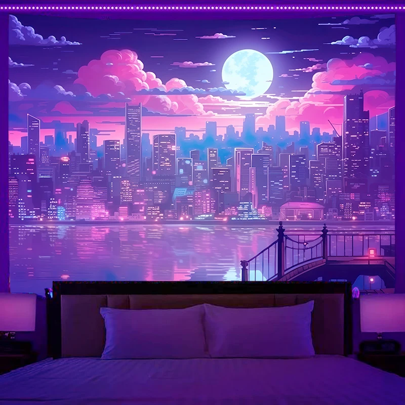 Fluorescent wall hanging fantasy starry sky planet city scenery tapestry art background cloth bedroom room home decoration 3