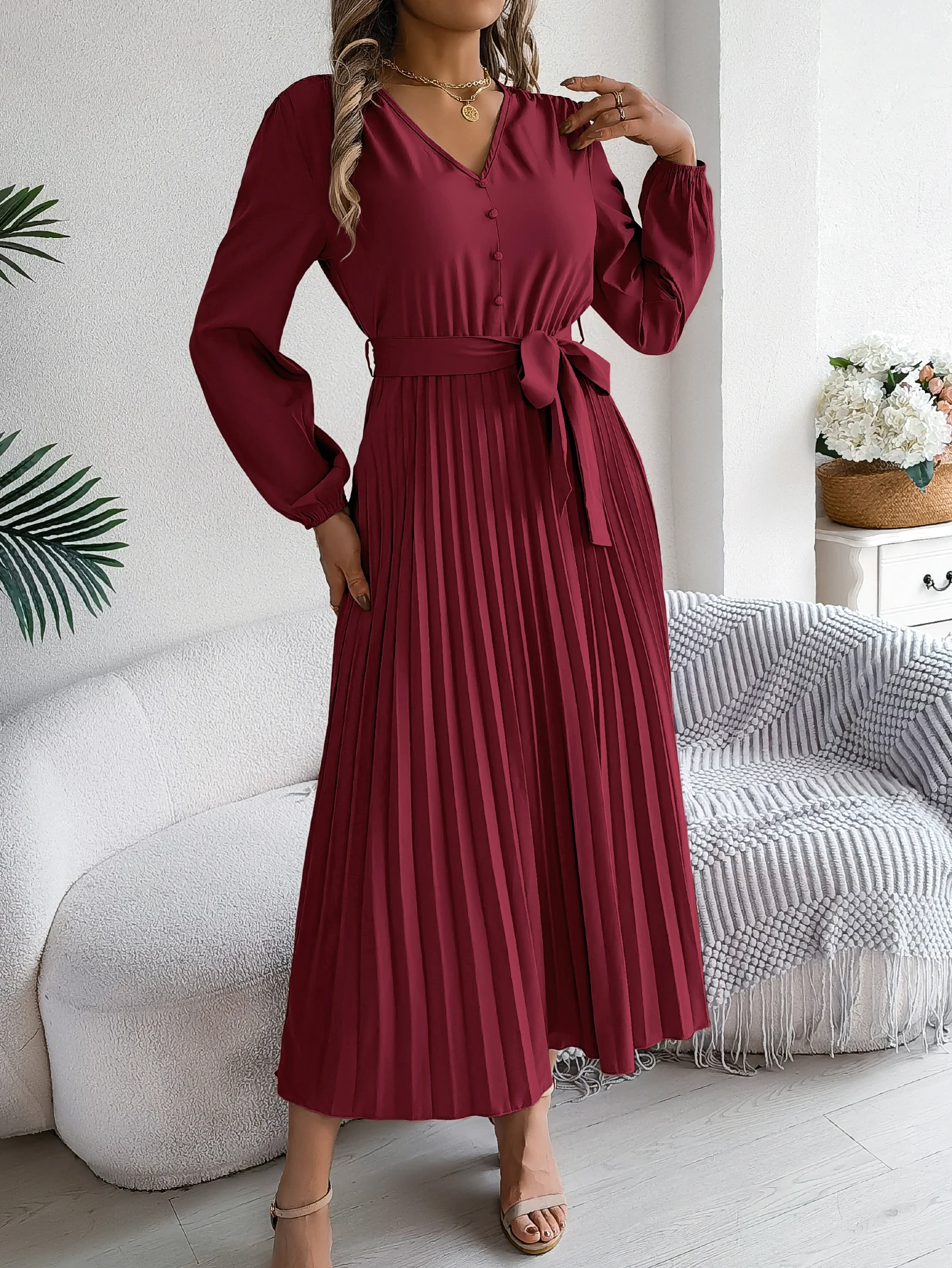 Elegant Long Sleeved Lace Up Pleated Dress for Women