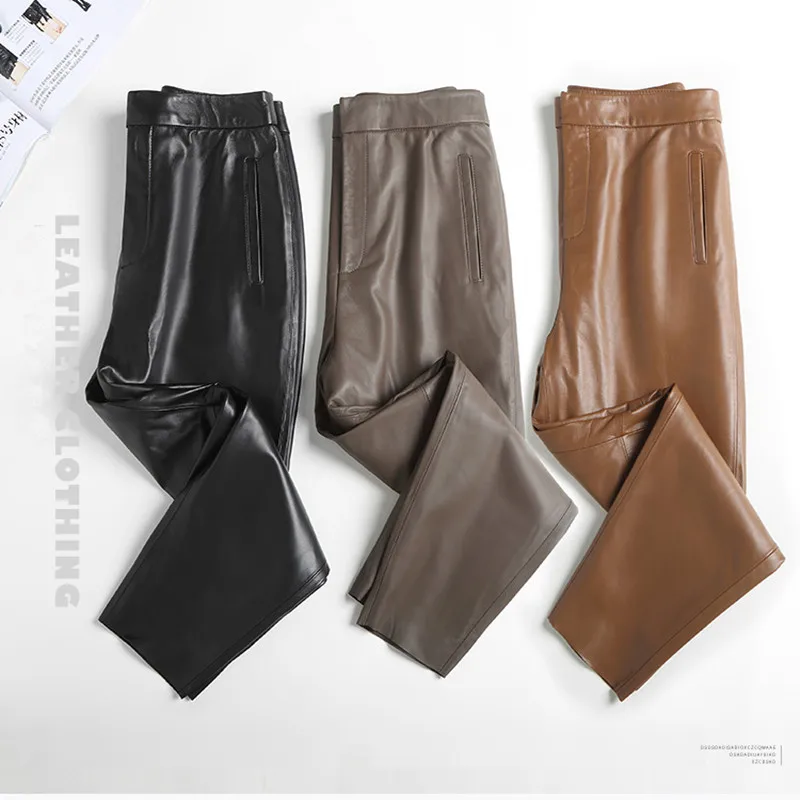 Women's Genuine Leather Ankle Length Pants, Haren Sheepskin Pants, Simple Casual Pants, OL, Spring, Autumn