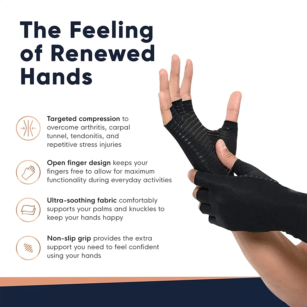 1Pair Copper Arthritis Compression Gloves Women Men Hand Pain Swelling & Carpal Tunnel Fingerless for Typing Support for Joints