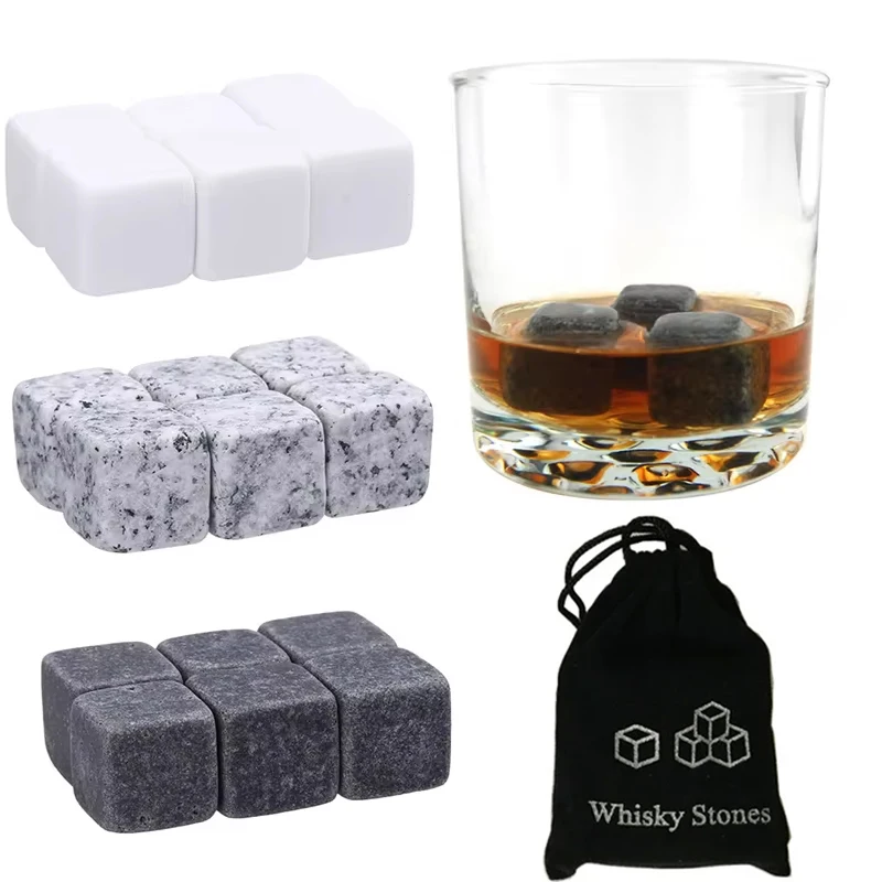 6pcs Whiskey Stones Sipping Ice Cube Cooler Reusable Whisky Ice Stone Whisky Natural Rocks Bar Wine Cooler Party Wedding Gift