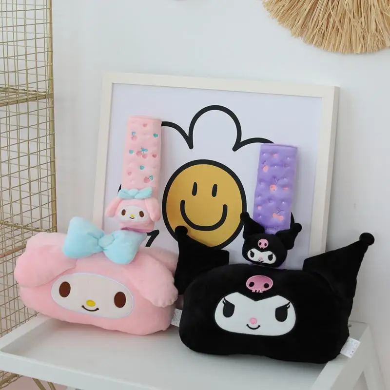 

Kawaii Kuromi My Melody Plush Car Neck Headrest Pillow Cartoon Anime Soft Plushie Safety Belt Shoulder Cover Car Accessories