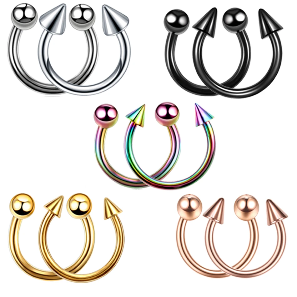 2PcsStainlessSteelConeSpikeHorseshoeCircularSeptumNoseRing