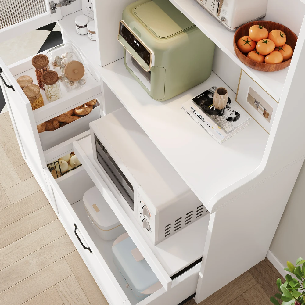Modernes Highboard-Küchenschrank Multifunktionaler Aufbewahrungsschrank mit Verstellbaren Regalen Ausziehbarem Regal Gehärtetem Glas – Detail 3