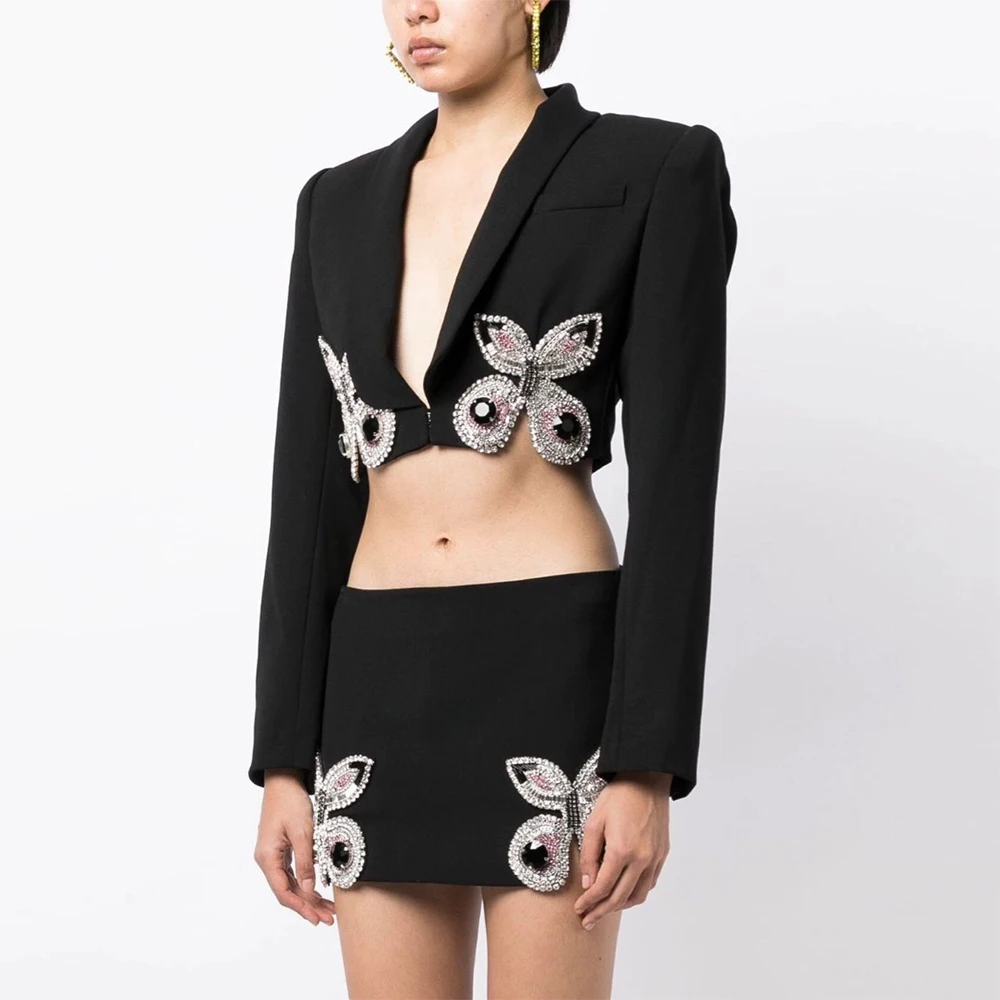 

2023 New Beading Fashion Bow Two Pieces Sets Sexy Tops Skirts Autumn Clothes Club Party Women Sets