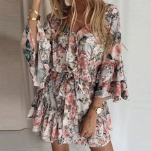 Beach Boho Women Dress Floral New Summer Ruffled Three Quarter Sleeve Casual V-neck Lace Up Bow Woman Fashion Dresses