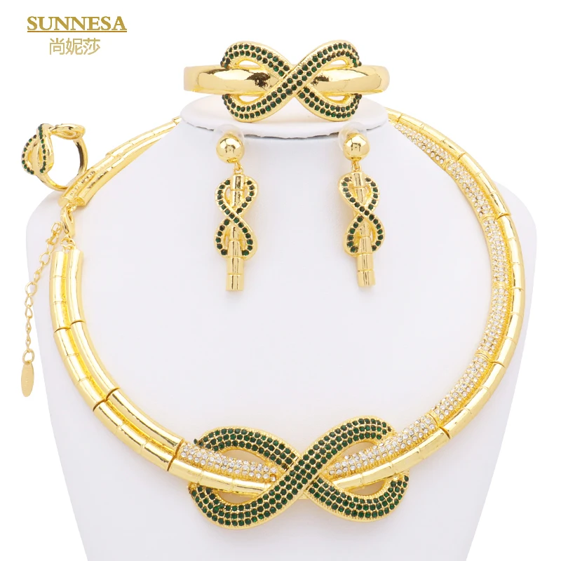

SUNNESA Luxury Green Zircon Jewelry Set for Banquet Party Women Charm 18K Gold Plated African Necklace Earrings Bracelet Ring
