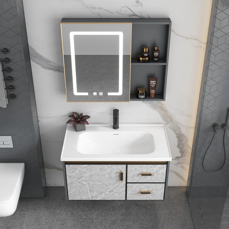 Dark gray stone pattern aluminum alloy bathroom cabinet combination bathroom ceramic integrated basin wall-mounted washbasin was