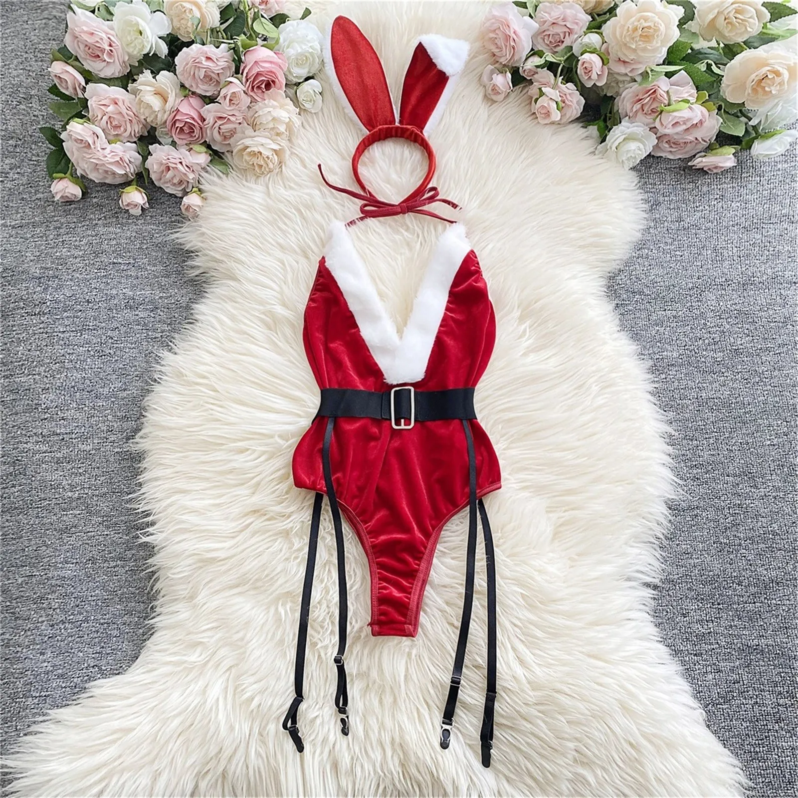 Women'S Christmas Sexy Red Bodysuit Lingerie And A Hat Bridal Lingerie секси комплект женского белья Seksowna Bielizna Komplet