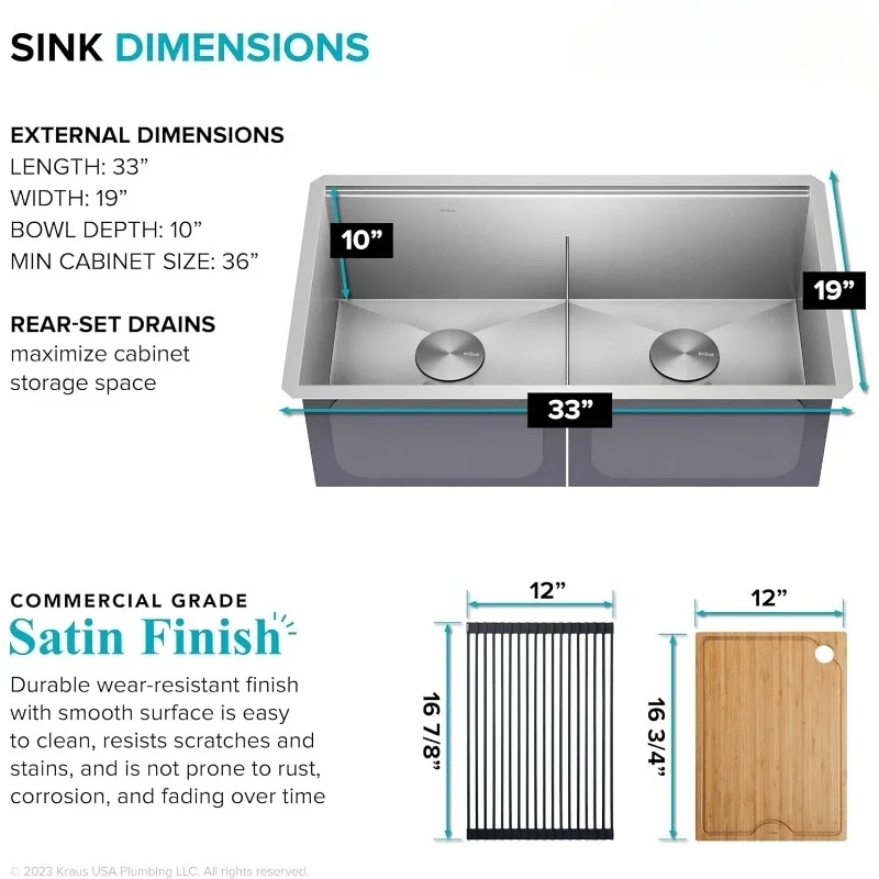33-Inch Undermount Workstation 16 Gauge Double Bowl Stainless Steel Kitchen Sink with Accessories, KWU112-33 4
